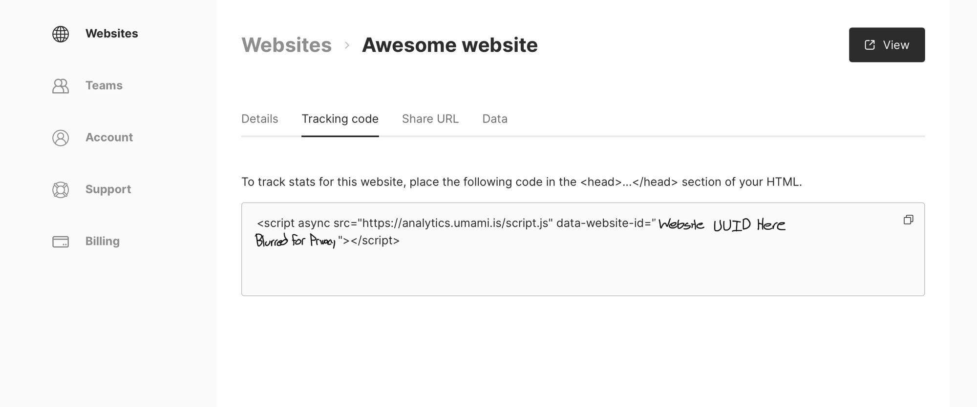 Image of where the tracking code is located in Umami Cloud